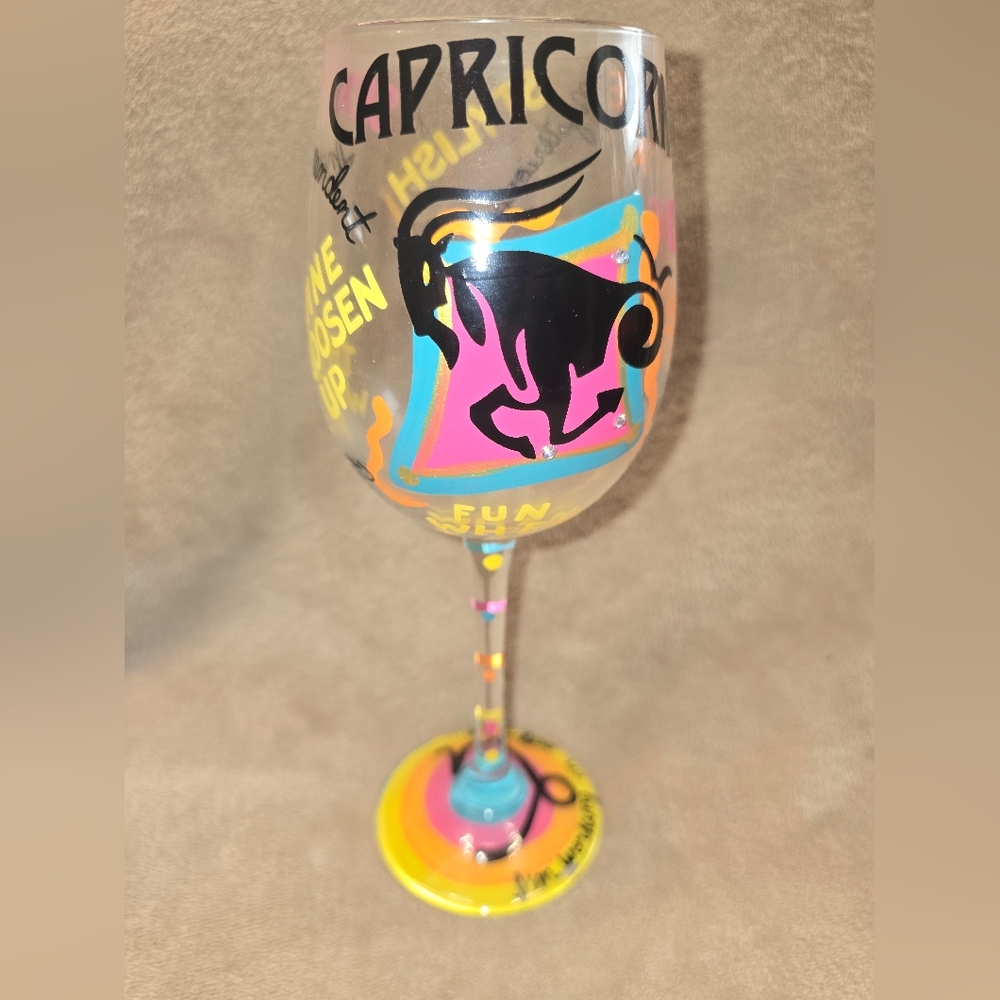 Lolita, Love My Wine, Vibrant hand-painted Capricorn wine glass